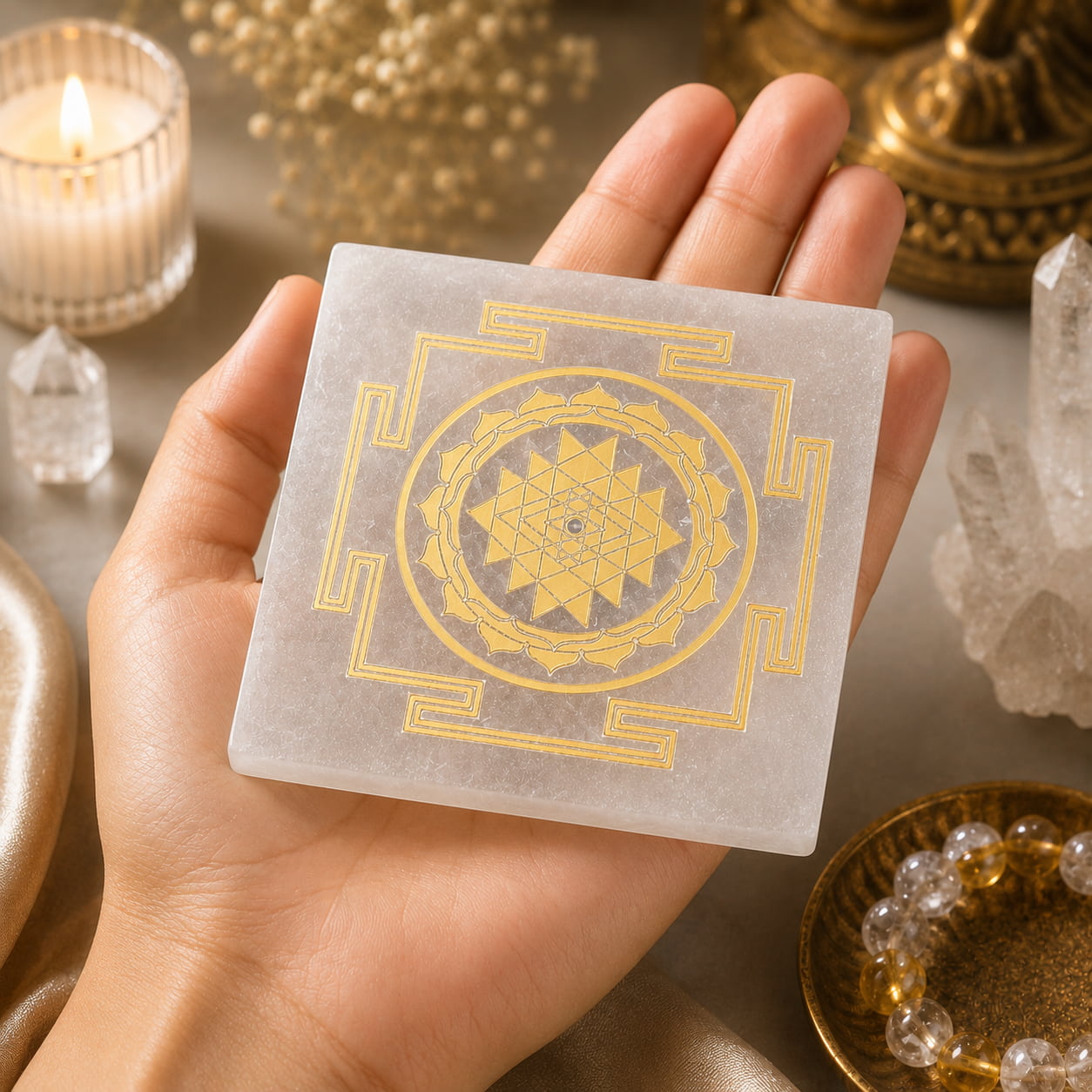 Selenite Shree(Sri) Yantra Plate For Crystals Recharge
