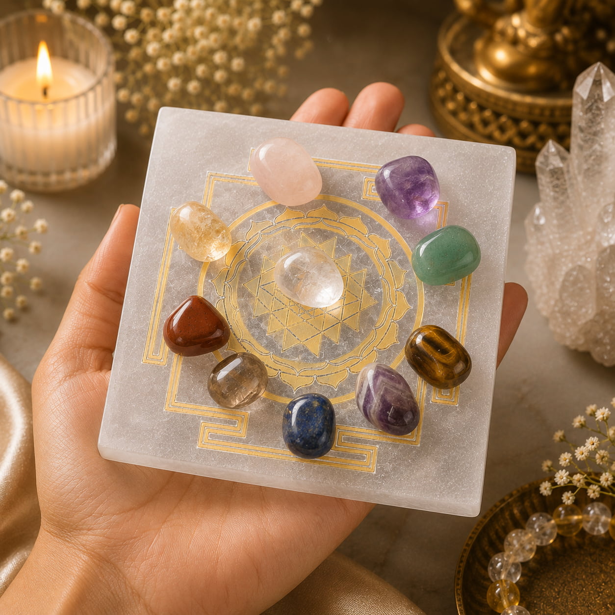 Selenite Shree(Sri) Yantra Plate For Crystals Recharge
