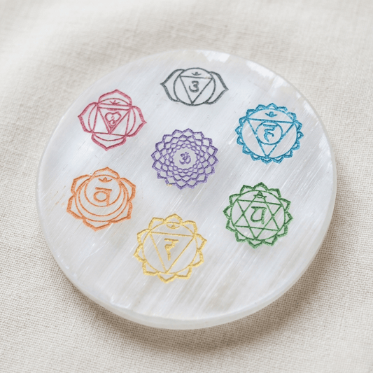 Selenite Plate with 7 Chakra (8 cm) For Crystals Recharge