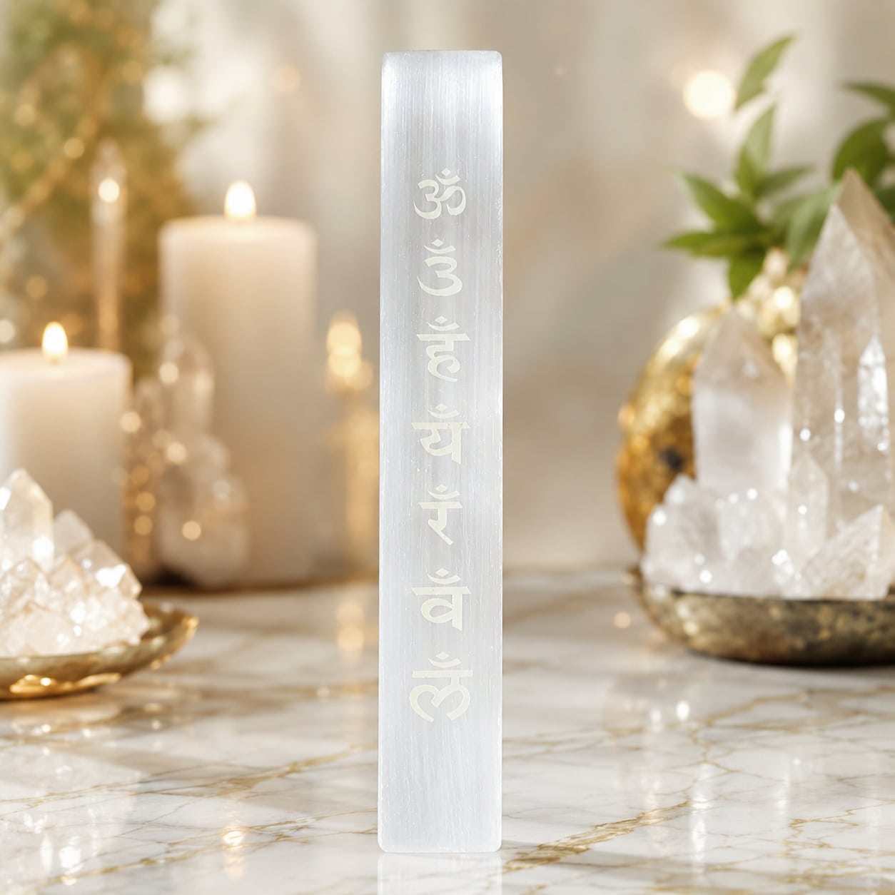 selenite stick with 7 chakra symbol for energy cleansing and chakra balancing