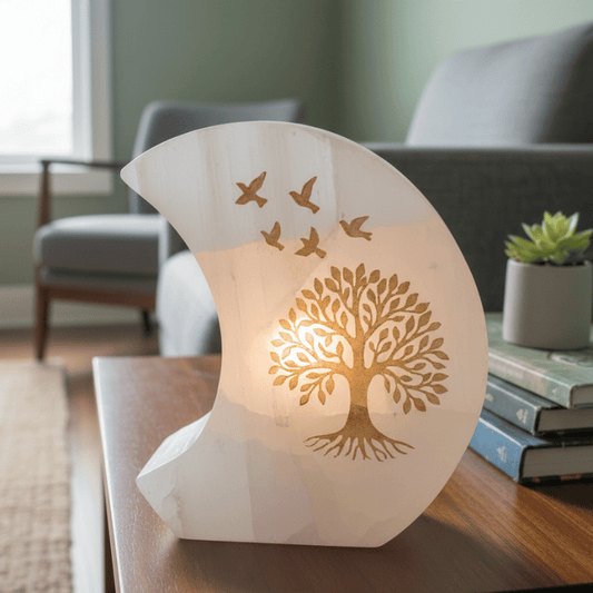 Selenite Moon Shape Lamp – Aura Cleansing, Peace & Divine Protection Lamp