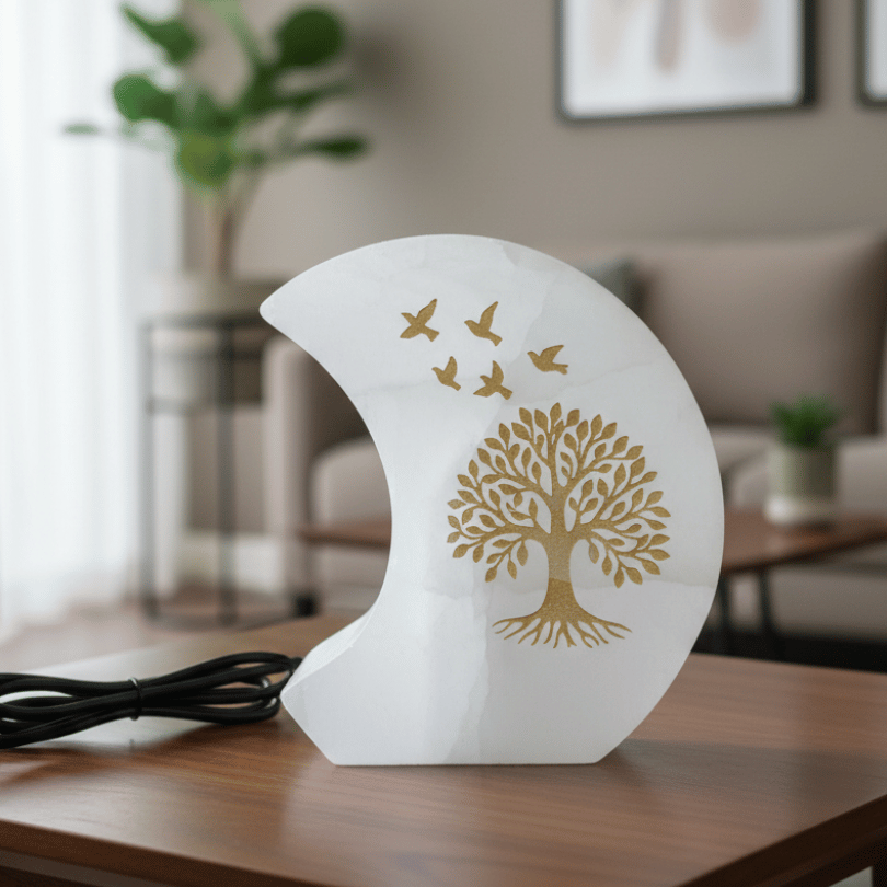 Selenite Moon Shape Lamp – Aura Cleansing, Peace & Divine Protection Lamp
