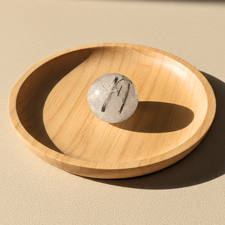 Wooden bowl with a marble-like crystal on a beige background