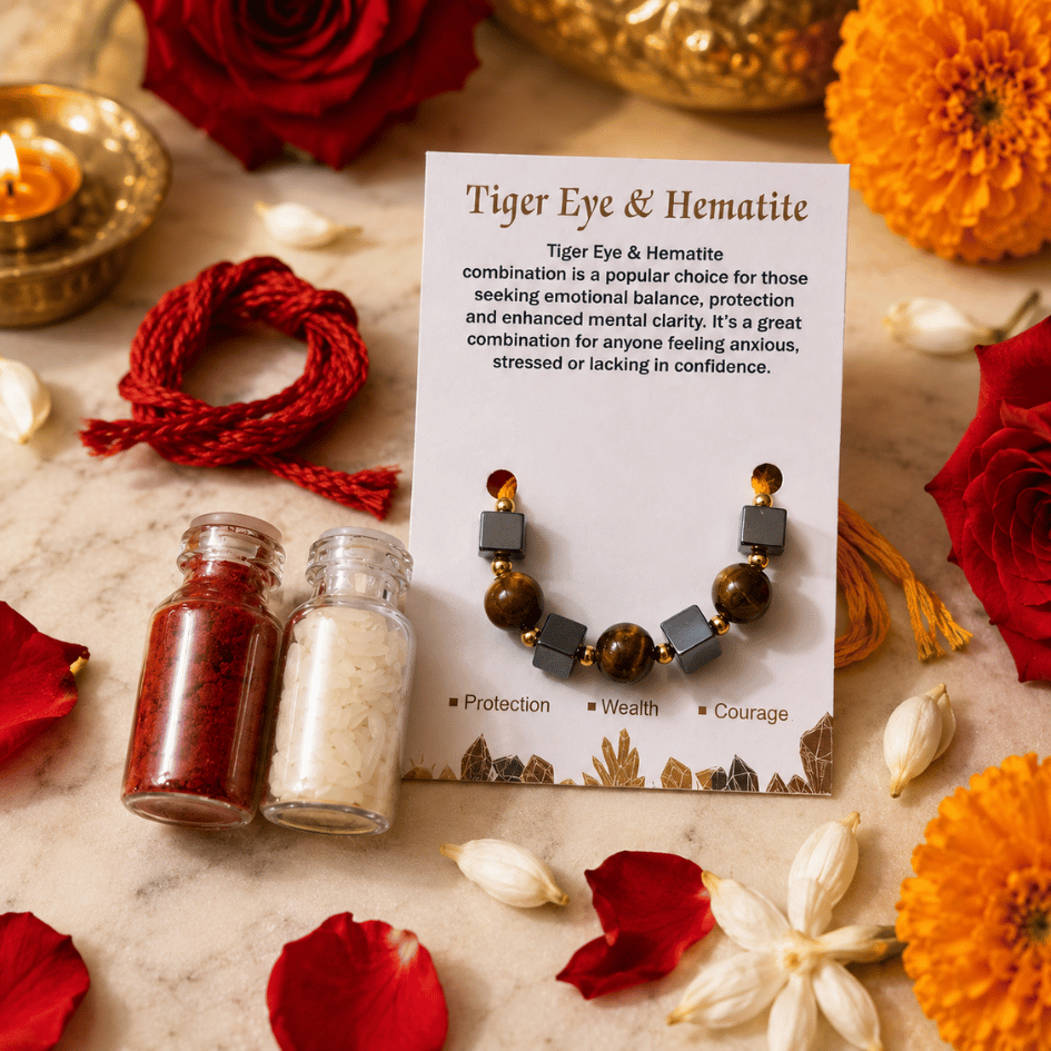 Tiger Eye & Hematite Crystal Rakhi for Courage, Wealth & Protection