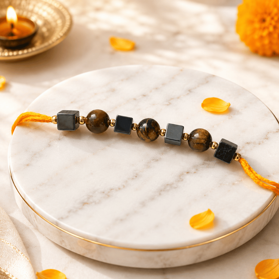 Tiger Eye & Hematite Crystal Rakhi for Courage, Wealth & Protection