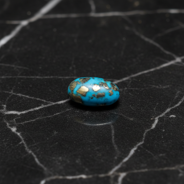 Turquoise stone with gold inclusions on a black textured surface