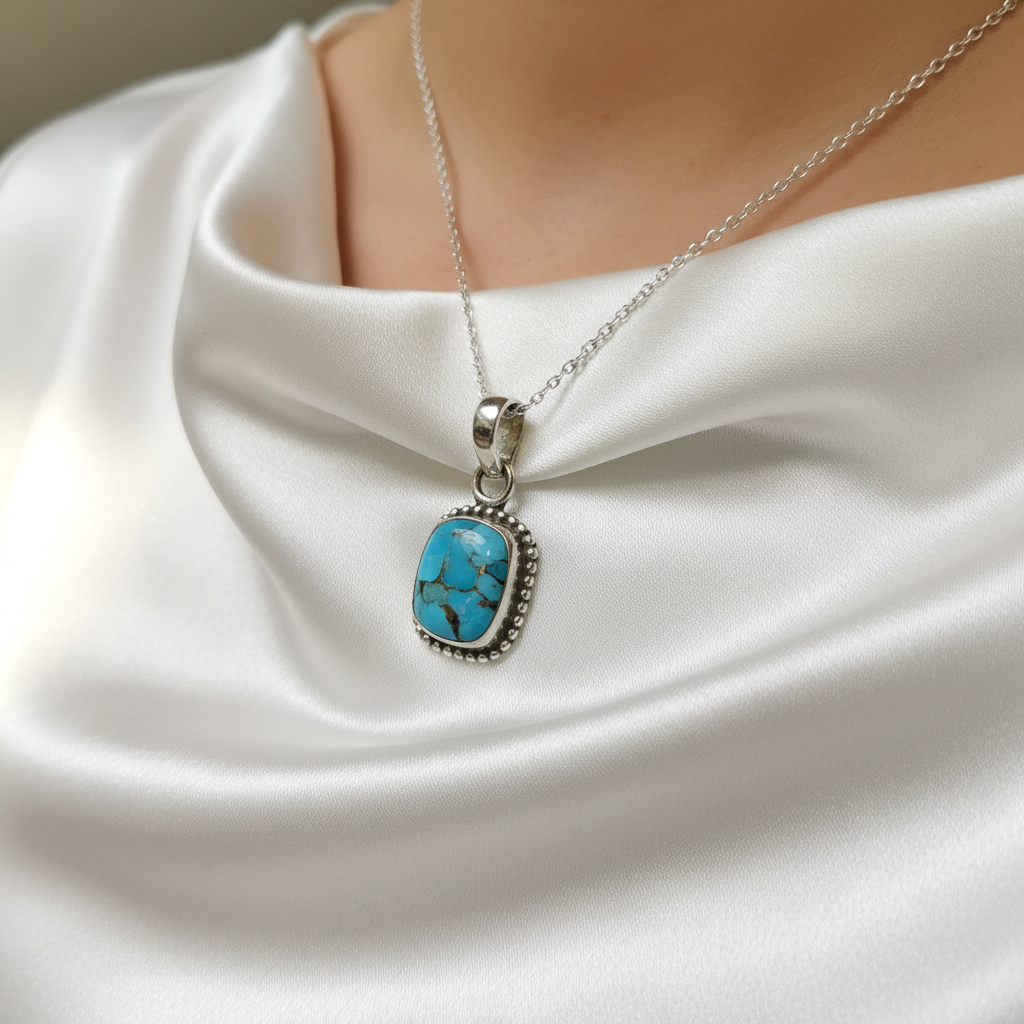 Blue Copper Turquoise 925 Sterling Silver Pendant – Healing • Protection • Communication