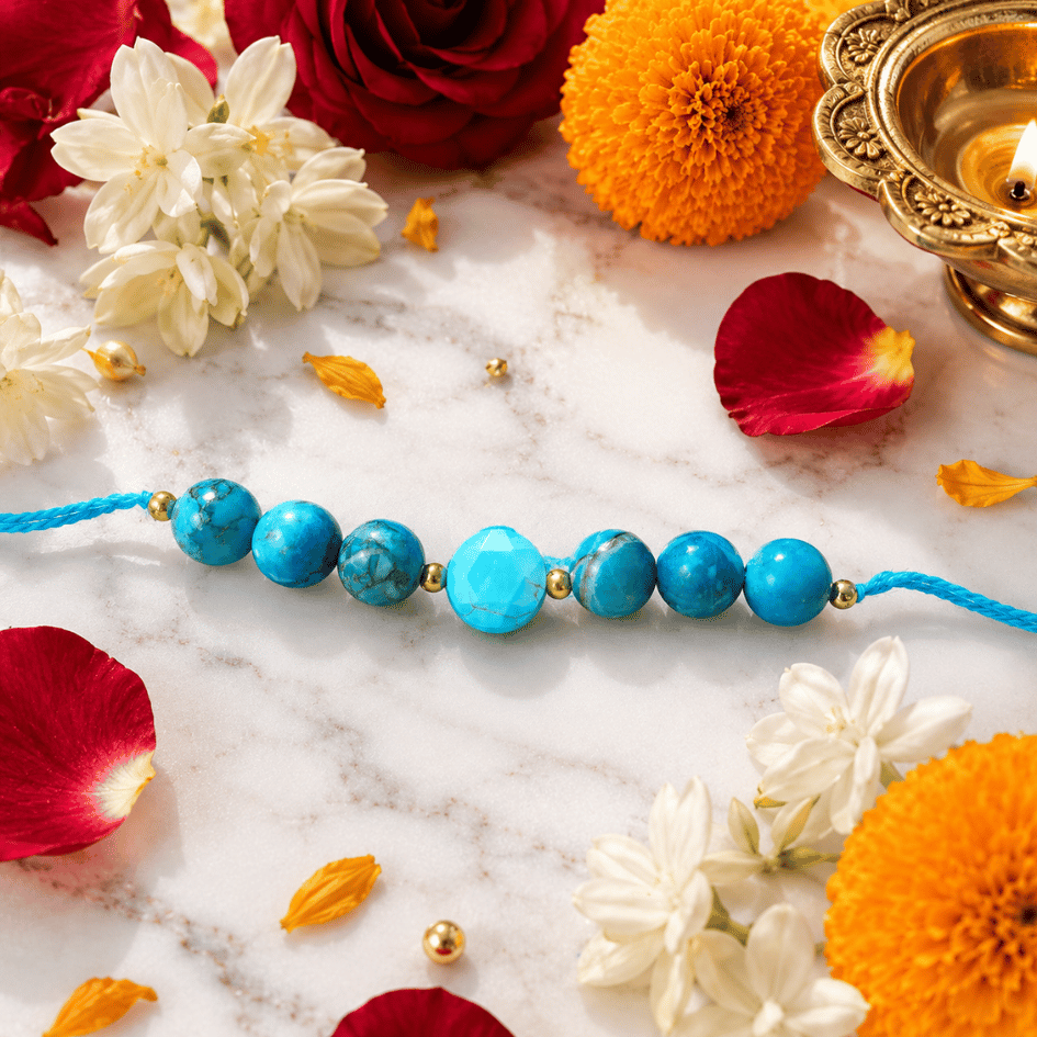 Natural Turquoise Crystal Rakhi for Name, Fame & Fearless Success