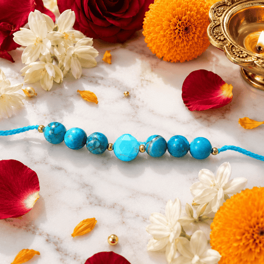 Natural Turquoise Crystal Rakhi for Name, Fame & Fearless Success