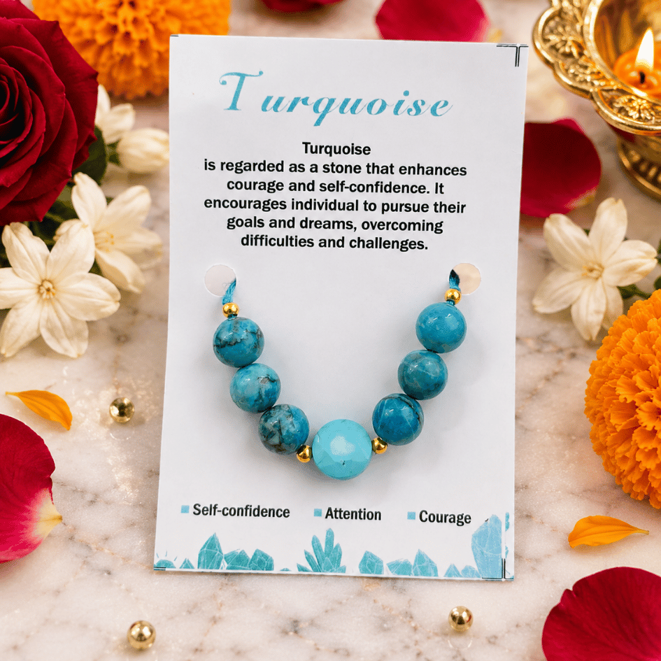 Natural Turquoise Crystal Rakhi for Name, Fame & Fearless Success