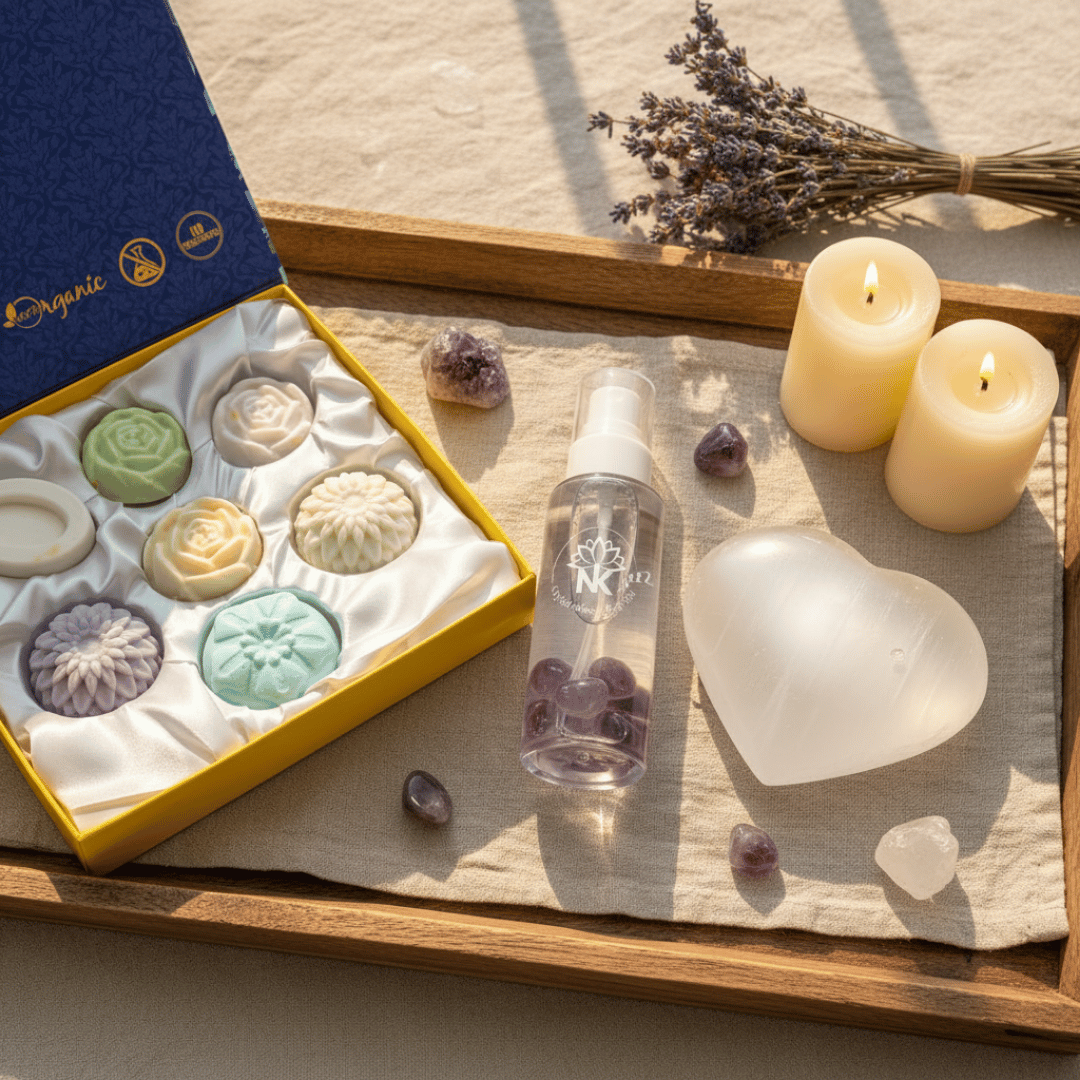 7 chakra soap kit , amethyst mist and selenite heart shape tumble