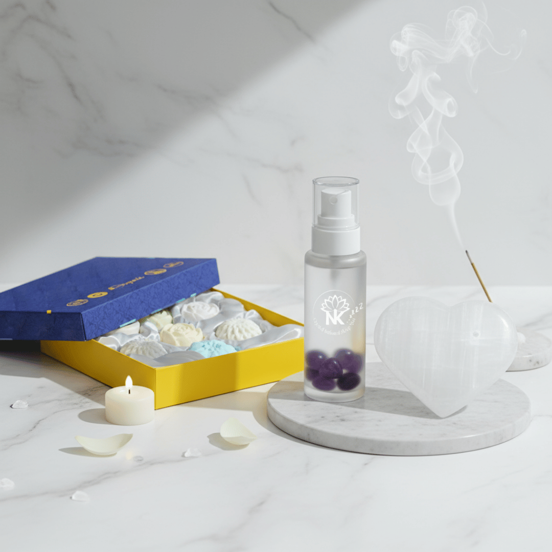 Bottle of skincare product with decorative items on a marble surface