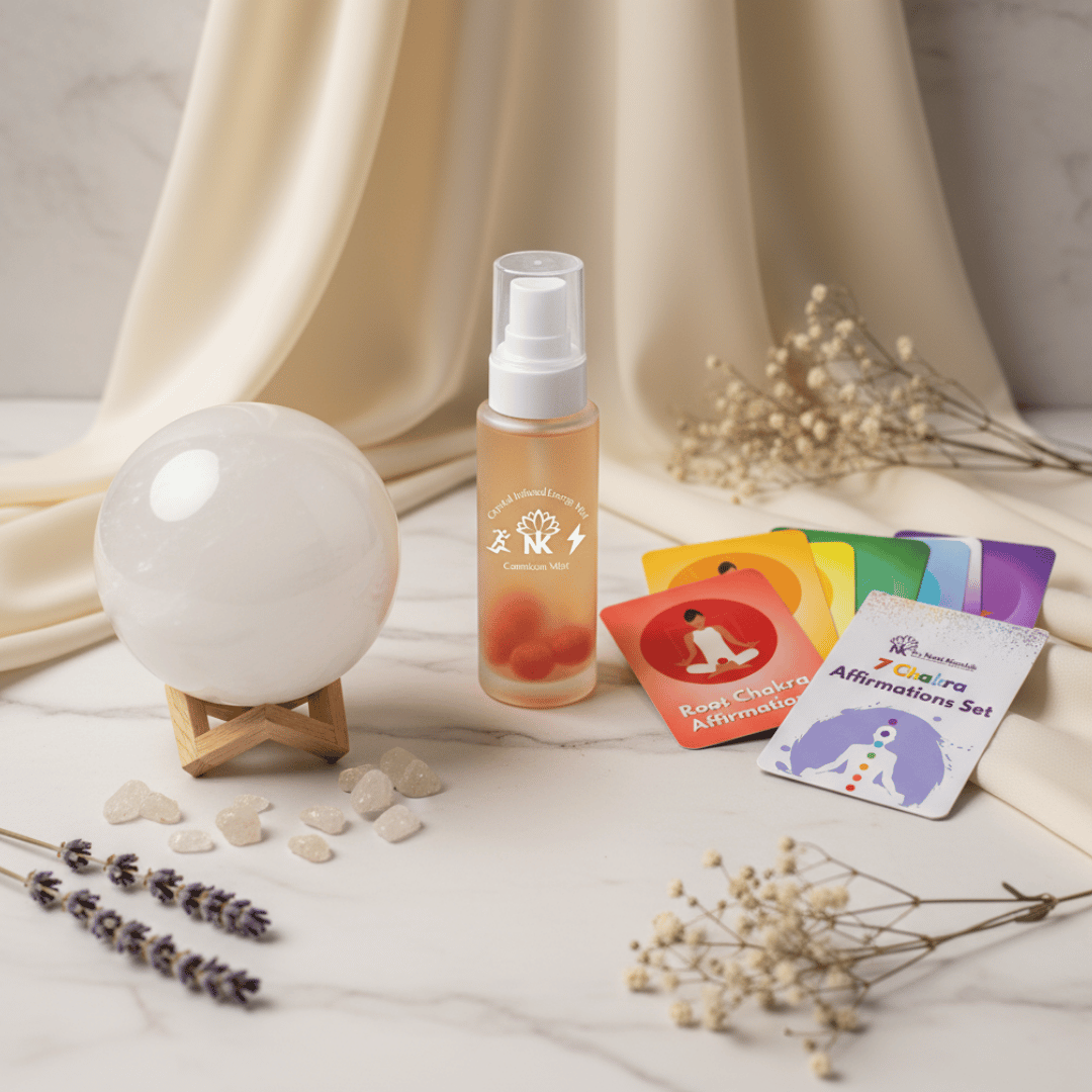 selenite sphere, carnelian mist and 7 chakra affirmations cards set